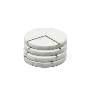 Exclusive Handcrafted White Marble Coaster <b>Set</b> Featuring Elegant Brass Strip Inlay Natural Stone Luxury <b>Dining</b> <b>Table</b> Accessory - Product Image 2