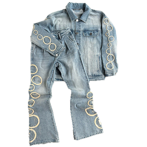 Custom Acid Wash Denim Suit Clothing Embroidery <b>Rhinestone</b> Jeans Pants and Denim <b>Jacket</b> Set Tracksuit for Men - Product Image 1