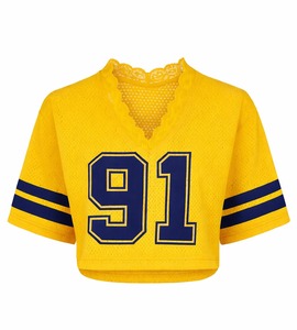 Top Corto de Malla Amarillo para Mujer, Camiseta de Manga Corta con Cuello en V, Estilo Jersey con Ribete de Encaje, Estampado Número 91, Ropa Casual de Primavera/Verano - Product Image 1