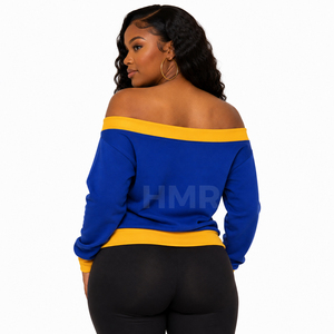 Sweat-shirt à épaules dénudées HMR Sorority Sisterhood, color-block bleu et jaune, manches longues, haut décontracté en tricot - Product Image 4
