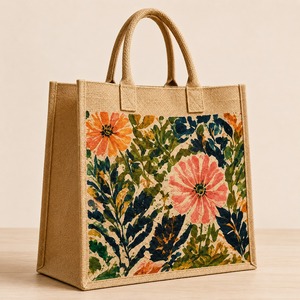 Sac fourre-tout en jute de taille moyenne avec logo personnalisé, fermeture à glissière, motif floral, pour un usage quotidien et pour offrir en cadeau - Product Image 1