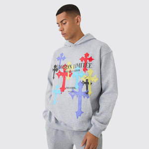 Sweat-shirt à capuche gris pour homme avec imprimé croix coloré, coupe décontractée oversize, logo sur le devant, idéal pour l'automne - Product Image 5