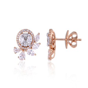 Boucles d'oreilles clous en or rose 18 carats avec diamants, motif floral luxueux, personnalisables, tendance, bijoux fins pour femme, cadeau de mariage - Product Image 5