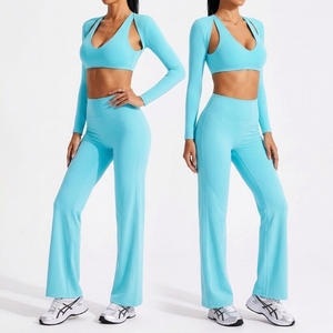 Wholesale Custom Logo Women's 3 Piece Yoga <b>Set</b> Slim Fit High Stretch Sweat Wicking Crew Neck Backless Spandex/Nylon <b>Gym</b> - Product Image 3