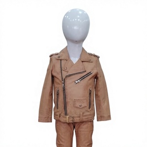 Kid's Tan Real Leather Moto <b>Biker</b> <b>Jacket</b> Zipper Closure Stand Collar Regular Fit Winter Style Front Logo Breathable Nabtay - Product Image 1