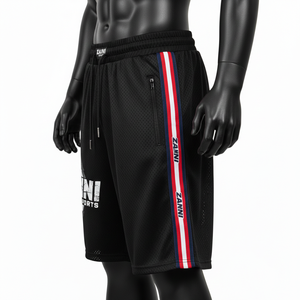 กางเกงว่ายน้ำชายผ้าโพลีเอสเตอร์ตาข่ายคุณภาพสูง สีดำ แต่งแถบสีแดง พิมพ์ลายโลโก้ตามสั่ง แห้งเร็ว - Product Image 3