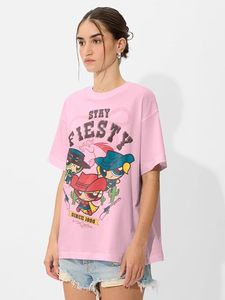 T-shirts surdimensionnés pour femmes Powerpuff Girls : Stay Fiesty, imprimé graphique, manches courtes, coton rose - Product Image 3