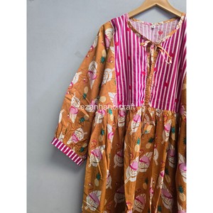 Robe midi pour femme de style bohème avec panneau à rayures contrastées, manches bouffantes, coupe ample en A, en coton, robe décontractée d'été - Product Image 2