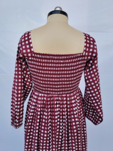 Women Maroon Cotton Smocked <b>Dress</b> Check Print Square Neck Long Sleeve Flared <b>Ruffle</b> Hem Maxi Wear - Product Image 3