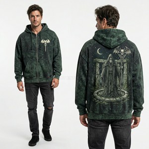 Sudadera con capucha verde personalizada con efecto ácido para hombre, estilo vintage con cremallera, fabricante de sudaderas de alta calidad con serigrafía, ropa urbana al por mayor. - Product Image 1