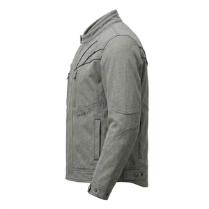 Mens Motorcycle Biker Jacket Custom Grey Washed Denim Tactical Panel Seam Snap Collar Cafe Racer Outerwear <b>Coat</b> - Product Image 4
