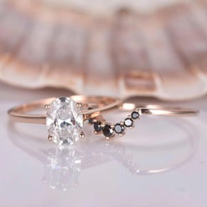 1.5 CT oval cut Lab grown Engagement <b>Ring</b> Set 6x8mm Oval Cut <b>Plain</b> Gold Wedding Band 14K 10K solid gold Black Diamond Wedding - Product Image 1
