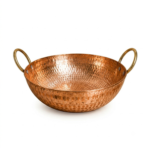 Premium Hand Hammered Pure Copper Kadhai with Brass <b>Handles</b> Traditional Indian Serving Bowl Heavy Duty Kitchen Cookware for Home - Product Image 1