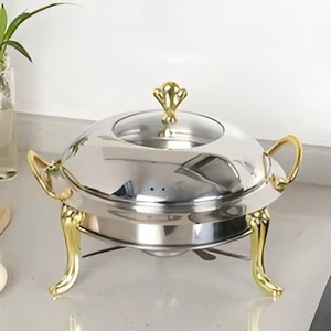 Round Stainless Steel Chafing Dish with Gold Handles and Glass Cover Insulated Food Warmer for Buffet Catering - Product Image 3