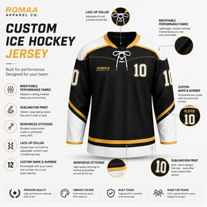 Camiseta de hockey sobre hielo para hombre, personalizada, en negro, blanco y dorado, con cuello con cordones y número de jugador personalizado - Product Image 1