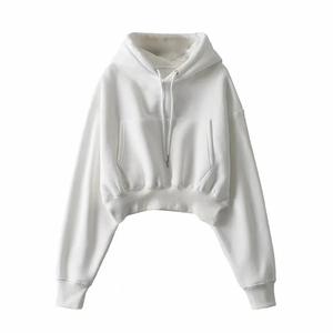 Women's <b>White</b> <b>Cropped</b> Hoodie Drop Shoulder Long Sleeve Solid Color Casual <b>Sweatshirt</b> Pockets Breathable Knitted Cotton Hooded - Product Image 1