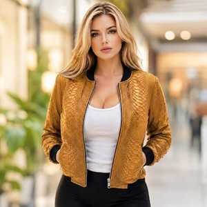 Nouvelle veste bomber matelassée vintage en cuir véritable de serpent pour femme, collection hiver 2026, doublure en soie, longueur standard, respirante - Product Image 1