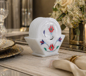 <b>Marble</b> <b>Coaster</b> Set with Holder, Elegant Drink <b>Coasters</b>, Floral Inlay Stone <b>Coasters</b>, Dining Table Decor, Housewarming Gift Idea - Product Image 2