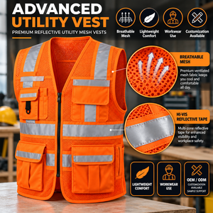 Gilet de sécurité haute visibilité pour hommes, orange, réfléchissant, en maille, vêtements de travail, logo personnalisé, poches, service OEM - Product Image 5