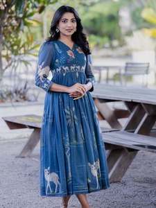 Vestido Midi Casual Europeo Americano con Cuello en V, Estampado Floral, Manga con Volantes, Cintura Imperio, Corte Regular, para Mujer, Verano - Product Image 2