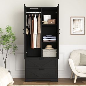 Armadio in Legno a 2 Ante per Camera da Letto con Asta Appendiabiti Interna e 2 Cassetti per Organizzazione e Stoccaggio - Product Image 6