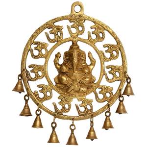 Colgante de pared de Ganesha OM (AUM) de 11 pulgadas hecho a mano con campanas de latón, regalo indio hecho en India - Product Image 1