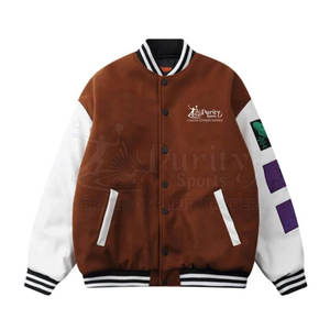 Men's Brown White Varsity Jacket Regular Fit <b>Covered</b> <b>Button</b> Closure Stand Collar Winter Eco-friendly Streetwear Casual Style - Product Image 2