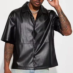 Chemise décontractée noire en satin à manches courtes pour homme, col rabattu, style urbain, tenue d'été - Product Image 5