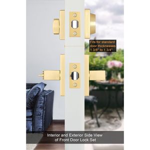 Set Serratura Esterna Dorata per Porta, Maniglia Quadrata Contemporanea in Lega di Zinco Resistente con Serratura a Catenaccio per Porta d'Ingresso - Product Image 3