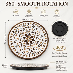 Round Wooden Lazy Susan Plate Handmade Plant Pattern Bohemian Style In-glaze Design - Product Image 5