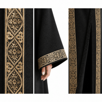 Abaya noire tricotée sur mesure pour femmes, broderie dorée, devant ouvert, manches longues, tenue modeste musulmane du Moyen-Orient, OEM
