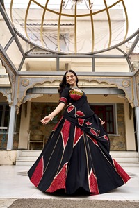 Black <b>Red</b> Flock Print Vintage Traditional Regular Length <b>Lehenga</b> Choli Women India Pakistan Style Cotton Regular Fit Quick Dry - Product Image 6