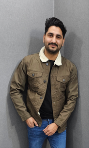 <b>Men's</b> Brown Canvas <b>Jacket</b> With <b>Sherpa</b> Lining Turn-down Collar Casual Autumn Style Regular Fit Windproof Polyester Cotton - Product Image 2