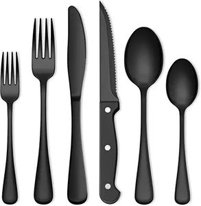 Ensemble de couverts en acier inoxydable de qualité alimentaire, couteaux à steak, ensemble de couverts noirs, collection de couverts de luxe - Product Image 1
