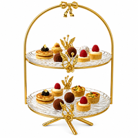 Support à gâteau de luxe à 2 niveaux en aluminium doré, fait main, réglable, avec poignée élégante, plateau à desserts, présentoir à cupcakes pour le thé de l'après-midi