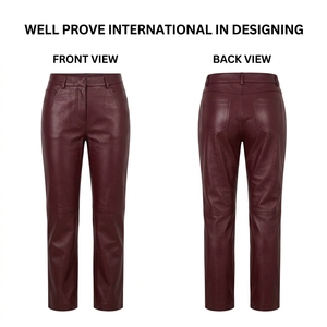 Pantalones de Cuero Genuino de Piel de Oveja con Logotipo Personalizado, Color Borgoña, 450 GSM, con Paneles en las Rodillas, Corte Ajustado, Color Rojo Vino, Pantalones para Hombre, Cintura Alta, Cierre de Cremallera - Product Image 1