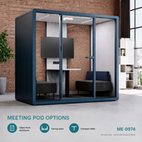 Cabine de réunion de bureau moderne bleue avec façade en verre, sièges rembourrés et table de collaboration compacte