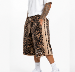 Custom Logo Leopard Print 3/4 Sweat <b>Shorts</b> Leopard Print <b>Sweatpants</b> Side Stripe Raw Hem Streetwear Jogger <b>Shorts</b> 2025 - Product Image 2