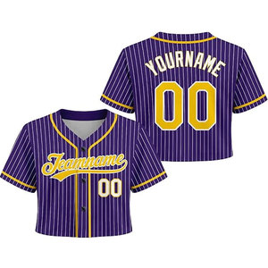 Maillot de baseball à rayures fines pour femme, haut court, personnalisable avec nom, numéro et logo, confortable, durable, en polyester, violet et or - Product Image 1