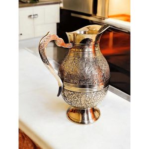 Brass Jug Pitcher Designer Embossed Mughal Style Gold Finished Water Serving Vintage <b>Drinkware</b> Decorative Tableware for Home - Product Image 5