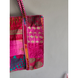 Bolsa de Mano de Algodón con Paneles Rosas y Bordado, Estilo Bohemio, Abierta por Arriba, para Compras - Product Image 5