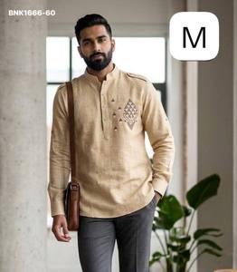 Colección de Kurta Corta de Manga Larga para Hombre, de Algodón y Yute de Alta Calidad con Diseño Butta Bordado en un Lado, Compra en Línea en India - Product Image 2