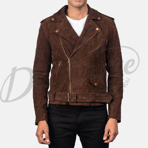 เสื้อแจ็คเก็ตหนังกลับสีน้ำตาลสำหรับผู้ชาย ทรงเข้ารูป สไตล์ไบค์เกอร์ หนังแท้ วินเทจ ซิปหน้า - Product Image 5