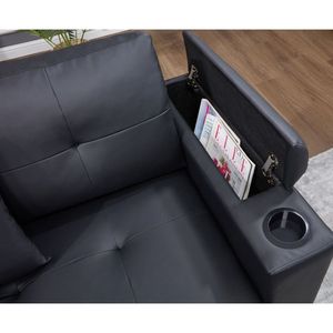 Divano letto componibile Donovan 84.5"W in tessuto PVC nero con caricatore USB, portabicchieri e braccioli contenitore - Product Image 5
