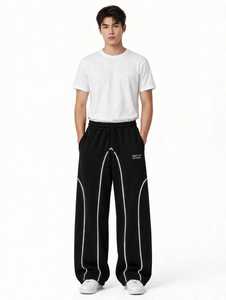 ONETEN APPAREL กางเกงวอร์มขายาวสีดำสำหรับผู้ชาย เอวยางยืด มีเชือกผูก แถบข้างสีขาว กางเกงทรงสปอร์ต - Product Image 4