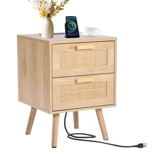 Comodino Boho in Rattan con 2 Cassetti e Gambe in Legno Massello - Opzione Luce LED - Product Image 1