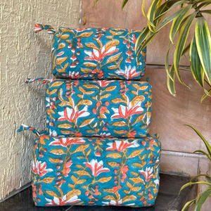 Premium Hand Block Print Quilted Cotton Makeup Pouch Set Waterproof Travel Organizer Handcrafted Sustainable Cosmetic <b>Storage</b> - Product Image 3