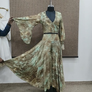 <b>Women</b> Floral Print Chiffon Dress Set V Neck Wrap Top Bell Sleeve <b>Maxi</b> A Line <b>Skirt</b> - Product Image 2
