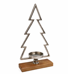 Modern Minimalist Silver Metal Christmas <b>Tree</b> Candle Holder With Mango Wood Base Handcrafted Festive <b>Tabletop</b> Centerpiece - Product Image 1