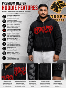 REXFIT SPORTS Men's Black Zip-Up <b>Hoodie</b> With <b>Red</b> Chenille Embroidery Heart Sleeve Print Relaxed Fit Streetwear Fleece Hood - Product Image 1